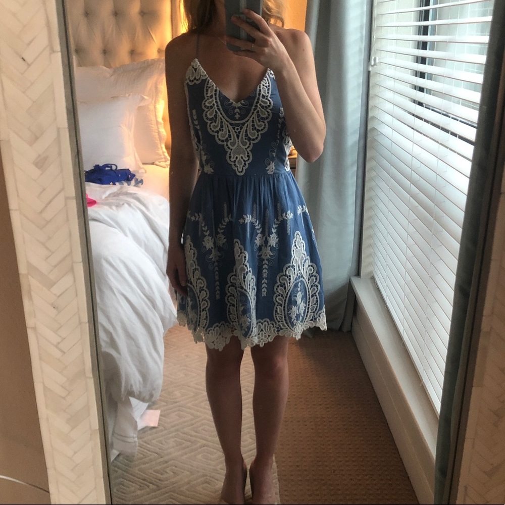 Dolce Vita blue and white embroidered mini dress